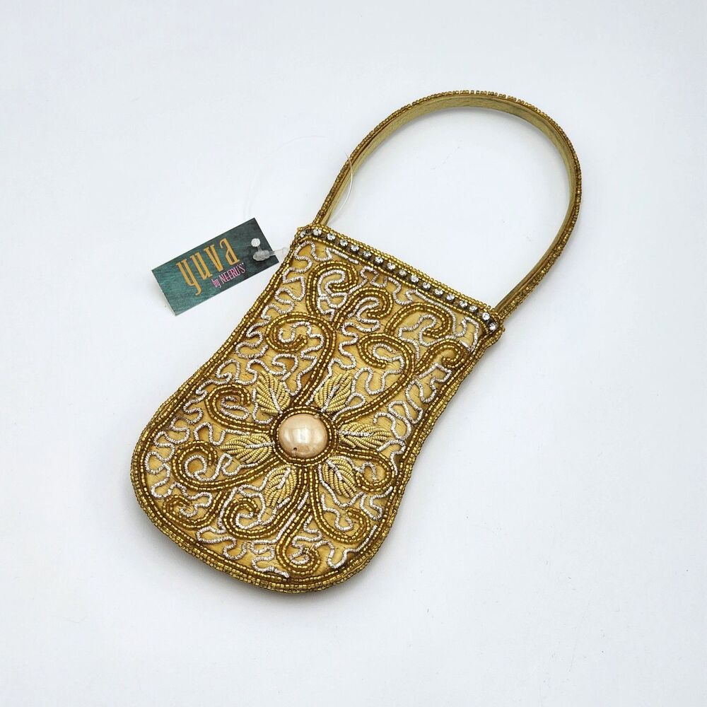 Yuva by Neeru's Vintage Floral Gold Beaded Large Pearl Phone Mini Bag NWT